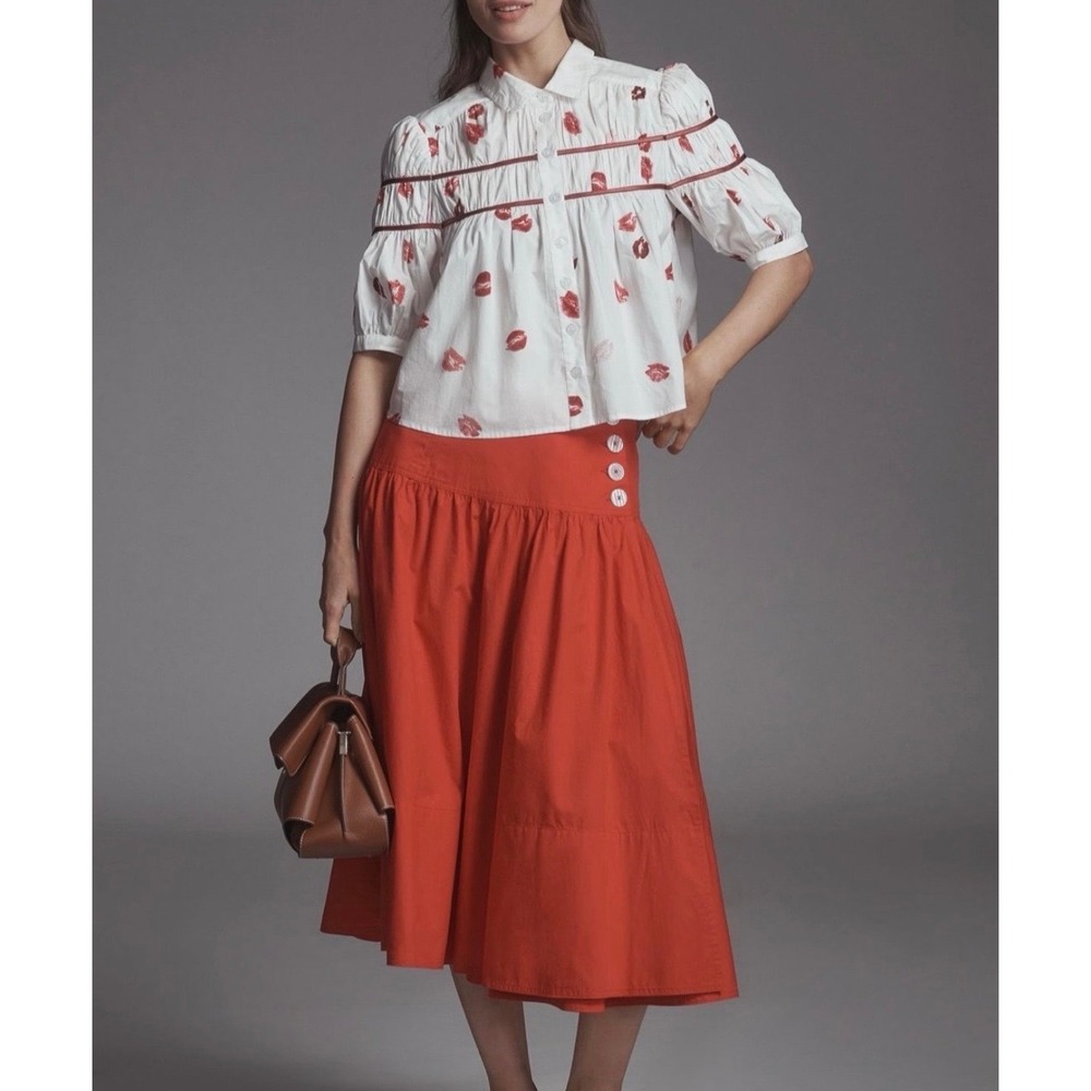 Maeve Anthropologie Lipstick Kiss Leandra Shirred Yoke Blouse White Red XS NWOT